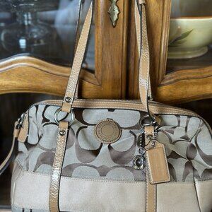 EUC COACH KHAKI SIGNATURE TAN STRIPED LEATHER BAG SATCHEL SHOULDER PURSE